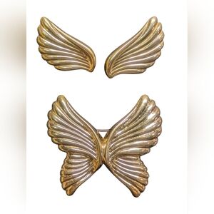 Vintage Gold Tone Wing Brooch & Earring Set
